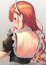 Rule 34 | 1girl, absurdres, arisugawa natsuha, back, back bow, back focus, backless outfit, bare back, black dress, blush, bow, breasts, brown hair, closed mouth, commentary request, dress, embarrassed, frilled dress, frills, from behind, twirling hair, highres, idolmaster, idolmaster shiny colors, light frown, long hair, looking back, maid, maid headdress, medium breasts, megurumiru, profile, puffy short sleeves, puffy sleeves, red hair, short sleeves, shoulder blades, solo, upper body, wavy hair, white bow