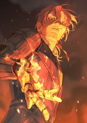 Rule 34 | 1boy, brown eyes, brown hair, cigarette, colorful, embers, facial hair, fire, glasses, gregor (project moon), highres, limbus company, male focus, mechanical arms, part 7, ponytail, project moon, smoke