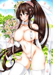 Rule 34 | 1girl, absurdres, blush, bouquet, breasts, bride, brown eyes, cloud, covered erect nipples, dress, elbow gloves, flower, gloves, highres, hmdark-9, holding, holding bouquet, kantai collection, long hair, looking at viewer, navel, open mouth, petals, pink flower, pink rose, ponytail, red eyes, rose, sky, slingshot swimsuit, swimsuit, thighhighs, traditional media, veil, very long hair, wedding, wedding dress, white gloves, white thighhighs, yamato (kancolle), yellow flower, yellow rose