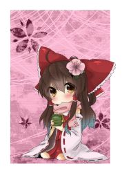 Rule 34 | 1girl, blush, bow, brown eyes, brown hair, chibi, cup, detached sleeves, dress, female focus, flower, hair bow, hair flower, hair ornament, hair tubes, hakurei reimu, japanese clothes, miko, perfect cherry blossom, red dress, scarf, sitting, solo, tea, touhou, yuya (night lily)