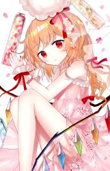 Rule 34 | 1girl, bare arms, bare shoulders, blonde hair, blush, bow, commentary request, crystal, dress, ears visible through hair, fingernails, flandre scarlet, flower, frills, hair flower, hair ornament, hat, hat ribbon, herbarium, jar, knees up, long hair, looking at viewer, mob cap, nail, nail polish, open mouth, petals, pink dress, pink hat, red bow, red eyes, red nails, red ribbon, ribbon, sakizaki saki-p, sharp fingernails, simple background, sitting, sleeveless, sleeveless dress, solo, strap slip, sundress, thighs, touhou, white background, white frills, wings, wrist cuffs
