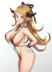 Rule 34 | 1girl, blonde hair, breasts, closed mouth, commentary request, detached collar, draph, from side, glasses, gloves, gradient background, granblue fantasy, green eyes, hair ribbon, hands on own hips, highres, horns, houtengeki, large breasts, long hair, looking at viewer, navel, one-piece swimsuit, pointy ears, ponytail, red neckwear, red one-piece swimsuit, ribbon, rimless eyewear, sarya (granblue fantasy), simple background, slingshot swimsuit, solo, standing, strap gap, swimsuit, thighs, white gloves