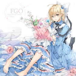 Rule 34 | 1girl, :o, absurdres, ahoge, barefoot, blonde hair, blue dress, blue flower, blue rose, bouquet, bow, c.reo, character name, copyright name, dress, eyes visible through hair, fate/grand order, fate (series), flower, frilled dress, frills, gloves, hair between eyes, hair bow, hair flower, hair ornament, hair over one eye, highres, holding, holding bouquet, knees up, koha-ace, lily of the valley, lolita fashion, long sleeves, looking at viewer, necktie, okita souji (fate), okita souji (koha-ace), open mouth, ponytail, rose, short hair, sitting, solo, striped clothes, striped dress, vertical-striped clothes, vertical-striped dress, white bow, white gloves