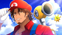 Rule 34 | 1boy, arm up, belmond banderas, blue sky, brown eyes, brown hair, cabbie hat, choco (chocovix112), cloud, cloudy sky, collared shirt, cosplay, day, eyebrows hidden by hair, f.l.u.d.d., gloves, hand on headwear, hat, highres, looking at viewer, male focus, mario, mario (cosplay), mario (series), nijisanji, nintendo, outdoors, parted bangs, parted lips, red hat, red shirt, shine sprite, shirt, sky, smile, solo, super mario sunshine, suspenders, thick eyebrows, upper body, virtual youtuber, white gloves