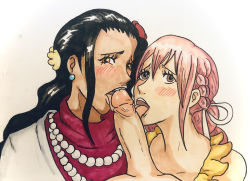 Rule 34 | 1boy, 2girls, absurdres, aunt and niece, black hair, blush, breasts, brown eyes, cleavage, cooperative fellatio, earrings, erection, fellatio, heart, highres, jewelry, large breasts, licking, licking penis, multiple girls, necklace, one piece, oral, pearl necklace, penis, pink hair, rebecca (one piece), tagme, viola (one piece)