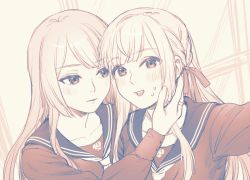 Rule 34 | 2girls, assault lily, blunt bangs, blush, braid, brown theme, closed mouth, collarbone, commentary, hair ribbon, hand on another&#039;s face, hand up, heads together, indoors, jewelry, kanba girls high school uniform, kon kanaho, light smile, long hair, long sleeves, looking at another, looking at viewer, miyagawa takane, monochrome, multiple girls, neckerchief, outstretched arm, parted lips, reaching, reaching towards viewer, ribbon, ring, sailor collar, school uniform, selfie, serafuku, shirt, side-by-side, side braid, sidelocks, smile, sweatdrop, teeth, tori udon, upper body, upper teeth only, window, yuri