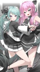 Rule 34 | 2girls, absurdres, black nails, blue eyes, blush, chinese clothes, conflict (module), double bun, feet out of frame, from side, green hair, hair between eyes, hair bun, happy, hatsune miku, highres, holding hands, long hair, looking at viewer, maka aratame, megurine luka, multiple girls, pale color, pink hair, project diva, project diva (series), side slit, sleeveless, smile, standing, standing on one leg, twintails, very long hair, wide sleeves, world&#039;s end dancehall (vocaloid), yuri