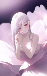 Rule 34 | 1girl, 2sham, bare arms, bare shoulders, blush, breasts, cleavage, collarbone, dress, flower, grey hair, hair behind ear, hands up, highres, holding, holding flower, light particles, light smile, long hair, original, own hands together, pink flower, purple background, purple eyes, purple theme, sleeveless, sleeveless dress, solo, spaghetti strap, straight hair, upper body