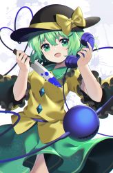Rule 34 | 1girl, absurdres, black hat, blouse, bow, breasts, collar, collared shirt, crystal, floral print, flower, frills, green eyes, green flower, green hair, green rose, green skirt, grey background, hair between eyes, hands up, hat, hat bow, highres, jewelry, knife, komeiji koishi, long sleeves, looking at viewer, medium breasts, open mouth, phone, rose, rose print, shirt, short hair, skirt, smile, solo, standing, third eye, touhou, weapon, white background, wide sleeves, yellow bow, yellow shirt, yellow sleeves, yuujin (yuzinn333)