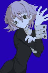 Rule 34 | 1other, :o, absurdres, androgynous, black dress, blood, blood on face, blue background, brown eyes, cowboy shot, crona (soul eater), cuff links, dress, hair between eyes, hand up, highres, long sleeves, looking at viewer, purple hair, short hair, simple background, solo, soul eater, z p4e