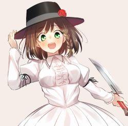 Rule 34 | 1girl, benbe, braid, brown hair, charlotte corday (fate), charlotte corday (third ascension) (fate), dress, fate/grand order, fate (series), flower, green eyes, hat, hat flower, juliet sleeves, knife, long dress, long sleeves, puffy sleeves, smile, solo