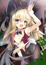 Rule 34 | 1girl, :3, albacore (azur lane), animal ears, antenna hair, armpits, azur lane, bare shoulders, bikini, bikini top only, black bow, black bowtie, black pantyhose, blonde hair, blue eyes, blush, bow, bowtie, breast press, breasts, earrings, fake animal ears, fake tail, fang, frills, hair ornament, hand on own thigh, hand up, jewelry, leotard, long hair, looking at viewer, madotsukumo, navel, open mouth, pantyhose, playboy bunny, rabbit ears, rabbit tail, small breasts, solo, standing, star (symbol), star earrings, star hair ornament, swimsuit, tail, white wristband, wristband