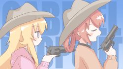 Rule 34 | 2girls, artist request, blonde hair, blue eyes, blush, brown headwear, closed eyes, commentary request, copyright name, cowboy hat, finger on trigger, from side, gabriel dropout, gabriel tenma white, gun, hair rings, handgun, hat, highres, holding, holding gun, holding weapon, long hair, long sleeves, looking at another, multiple girls, open mouth, orange sweater, pink sweater, pointing, pointing at another, pointing gun, profile, red hair, revolver, satanichia kurumizawa mcdowell, sweater, weapon