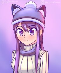 Rule 34 | 1girl, animal ears, animal hat, artist name, beanie, blush, breasts, casual, cat ears, closed mouth, doki doki literature club, fake animal ears, gradient background, hair between eyes, hat, highres, instagram username, large breasts, long hair, looking at viewer, nose, pink background, purple background, purple eyes, purple hair, purple hat, purple neckwear, purple scarf, ribbed sweater, scarf, smile, solo, standing, sweater, theartistaurora, turtleneck, turtleneck sweater, twitter username, white sweater, winter clothes, yuri (doki doki literature club)
