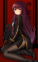 Rule 34 | &gt;:(, absurdres, black dress, black footwear, black jacket, black pantyhose, blunt bangs, blush, breasts, bright pupils, brown eyes, buckle, bullpup, closed mouth, commentary request, copyright name, cropped jacket, dress, girls&#039; frontline, gun, high heels, highres, jacket, kaleid, long hair, long sleeves, looking at viewer, medium breasts, open clothes, open jacket, pantyhose, purple hair, rifle, side slit, sitting, sniper rifle, solo, straight hair, thighband pantyhose, two-tone background, v arms, very long hair, wa2000 (girls&#039; frontline), walther, walther wa 2000, weapon, yokozuwari