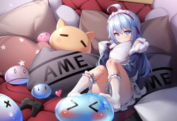 Rule 34 | &gt; &lt;, 0 0, 1girl, :&lt;, :3, absurdres, ahoge, blue eyes, blue hair, blue jacket, blush, chinese commentary, commentary request, controller, creature, dashed eyes, feet, feet on toy, frilled socks, frills, full body, fur-trimmed jacket, fur trim, game controller, hair between eyes, hair ornament, highres, jacket, k.t.cube, kneehighs, knees up, long sleeves, looking at viewer, maid headdress, no shoes, hugging object, off shoulder, original, panties, pillow, pillow hug, skirt, slime (creature), smile, socks, solo, toes, underwear, white panties, white skirt, white socks, x x, | |