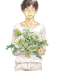 Rule 34 | 1boy, black hair, bouquet, denim, closed eyes, fingernails, flower, flower request, green flower, happy, jeans, jewelry, katsuki yuuri, long sleeves, male focus, pants, plant, r inami, ring, rose, shirt, short hair, simple background, smile, solo, upper body, white background, white flower, white pants, white rose, white shirt, yellow flower, yuri!!! on ice