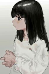 Rule 34 | 1girl, @ @, atkm2, black eyes, black hair, closed mouth, from side, long hair, long sleeves, original, profile, shirt, solo, upper body, veins, veiny hands, white shirt