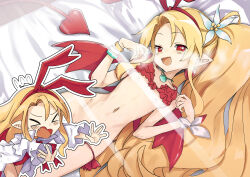 Rule 34 | &gt; &lt;, 1girl, absurdres, bikini, bikini top lift, blonde hair, chibi, clothes lift, commentary request, demon girl, demon tail, disgaea, earrings, embarrassed, flat chest, flonne, flonne (fallen angel), flower, hair flower, hair ornament, heart, heart earrings, highres, jank365m, jewelry, light censor, long hair, looking at viewer, lying, multiple views, navel, on back, open mouth, paid reward available, pointy ears, red bikini, red eyes, red wings, smile, swimsuit, tail, very long hair, wings