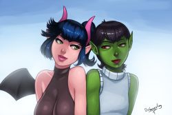 Rule 34 | 2girls, artist name, bare arms, bare shoulders, black hair, bobbi (badman), borrowed character, breasts, colored skin, commentary, demon girl, dr graevling, female focus, flat chest, gradient background, green eyes, green skin, head tilt, horns, large breasts, lips, lipstick, looking at another, looking to the side, makeup, monster girl, multiple girls, neck, original, pink lips, pointy ears, red eyes, red lips, short hair, side ponytail, sleeveless, smile, sweater, sweater vest, upper body, wings, yuri