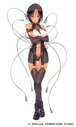 Rule 34 | 108 gou, 1girl, bare shoulders, black hair, cable, cable tail, character request, crossed arms, dark-skinned female, dark skin, dmm, fingerless gloves, full body, gloves, highres, looking at viewer, mechanical tail, navel, parted lips, red eyes, short hair, solo, standing, tail, thigh gap, transparent background