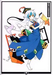 Rule 34 | 1girl, adapted costume, anklet, barefoot, blue dress, blue hair, book, bow, character name, dress, full body, hat, highres, ideolo, jewelry, kamishirasawa keine, long hair, looking at viewer, multicolored hair, open mouth, puffy sleeves, red eyes, scan, scroll, short sleeves, silver hair, simple background, solo, touhou, two-tone hair, white background
