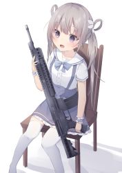 Rule 34 | + +, 1girl, :d, bad id, bad twitter id, blue bow, blue skirt, blush, bow, brown hair, chair, collarbone, commentary request, dress shirt, feet out of frame, frilled skirt, frills, gun, hair between eyes, hair ornament, hair rings, highres, holding, holding gun, holding weapon, long hair, looking away, no shoes, on chair, open mouth, original, purple eyes, rifle, sailor collar, shadow, shirt, short sleeves, sitting, skirt, smile, solo, suspender skirt, suspenders, thighhighs, tsuruse, twintails, very long hair, weapon, weapon request, white background, white sailor collar, white shirt, white thighhighs, wrist cuffs