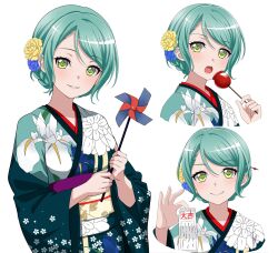 Rule 34 | 1girl, absurdres, bang dream!, braid, candy apple, commentary, english commentary, floral print, flower, food, fries vanquisher, green eyes, green hair, green kimono, hair flower, hair ornament, hair stick, highres, hikawa sayo, holding, japanese clothes, kimono, looking at viewer, multiple views, new year, obi, omikuji, open mouth, pinwheel, sash, simple background, smile, white background
