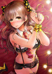 Rule 34 | 1girl, bed sheet, black shorts, black thighhighs, blush, bound, bound wrists, bow, breasts, brown hair, closed mouth, commentary request, cowboy shot, detached collar, doumou, earrings, hair bow, head tilt, heart, heart earrings, jewelry, light bulb, long hair, looking at viewer, lying, medium breasts, navel, necktie, nose blush, on back, on bed, original, polka dot, polka dot bow, red necktie, shiny clothes, short shorts, shorts, solo, suspender shorts, suspenders, thighhighs, two side up, wavy hair, yellow eyes