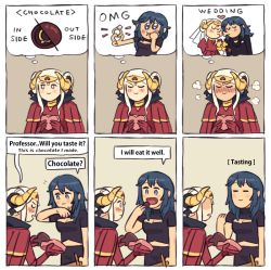Rule 34 | 2girls, blue eyes, blue hair, blush, blush stickers, box, breasts, byleth (female) (fire emblem), byleth (fire emblem), center opening, chocolate, cleavage, cleavage cutout, cloak, closed eyes, clothing cutout, comic, double bun, eating, edelgard von hresvelg, english text, engrish text, failure, fire emblem, fire emblem: three houses, hair bun, heart-shaped box, horn ornament, horns, imagining, imminent kiss, jewelry, medium hair, midriff, multiple girls, nintendo, ornate ring, puckered lips, purple eyes, ranguage, ring, shaded face, sparkling eyes, speech bubble, steam, sweatdrop, sword, thought bubble, tiara, turtleneck, unoobang, valentine, weapon, wedding ring, white hair, wooden sword, yuri