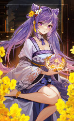 Rule 34 | 1girl, alternate costume, barefoot, breasts, candle, chen ying (alan-yut), chinese clothes, cleavage, commentary request, cone hair bun, detached collar, flower, foot out of frame, genshin impact, hair bun, hair flower, hair ornament, hanfu, highres, holding, holding candle, keqing (genshin impact), legs, long hair, long sleeves, looking at viewer, medium breasts, obi, parted lips, purple eyes, purple hair, purple nails, sash, sitting, solo, white flower, wide sleeves, yellow flower