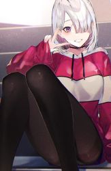Rule 34 | 1girl, :d, ass, black pantyhose, breasts, choker, commentary request, convenient leg, drawstring, feet out of frame, grin, hair over one eye, hand up, hood, hood down, hoodie, kayahara, knees up, long sleeves, looking at viewer, open mouth, original, pantyhose, purple eyes, short hair, silver hair, sitting, smile, solo, thighband pantyhose, v
