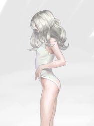 Rule 34 | 1girl, ass, bad id, bad twitter id, bare arms, bare legs, bare shoulders, breasts, commentary request, covered face, cowboy shot, from side, frontal wedgie, grey background, grey hair, izna (iznatic), leotard, leotard pull, long hair, original, profile, pulling own clothes, small breasts, solo, standing, wedgie