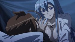 Rule 34 | 10s, 1boy, 1girl, akame ga kill!, animated, animated gif, blue eyes, blue hair, breasts, cleavage, esdeath, large breasts, long hair, lowres, sexually suggestive, square enix, tatsumi (akame ga kill!)