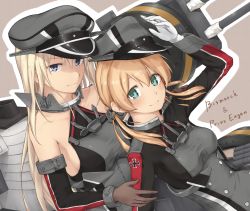 Rule 34 | 10s, 2girls, anchor hair ornament, arm up, bismarck (kancolle), blonde hair, blue eyes, blush, breasts, cannon, character name, cross, detached sleeves, enosan, gloves, green eyes, hair ornament, hat, highres, iron cross, kantai collection, large breasts, long hair, looking at viewer, low twintails, machinery, medium breasts, military, military uniform, multiple girls, outline, peaked cap, prinz eugen (kancolle), revision, sideboob, smile, turret, twintails, uniform, white gloves