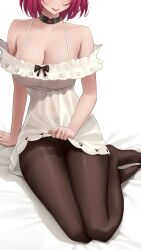 Rule 34 | 1girl, absurdres, black choker, breasts, choker, cleavage, clothes lift, dress, feet, highres, hololive, hololive english, irys (casualrys) (hololive), irys (hololive), kneehighs, lace-trimmed choker, lace trim, legs, no shoes, off-shoulder dress, off shoulder, official alternate costume, official alternate hairstyle, pantyhose, red hair, short hair, simple background, sitting, skirt, skirt lift, socks, solo, somebody (leiking00), tongue, tongue out, virtual youtuber, white background, white dress, yokozuwari