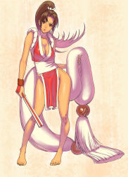 Rule 34 | 1girl, bare shoulders, barefoot, breasts, brown hair, cleavage, collarbone, fatal fury, feet, female focus, fingerless gloves, folded fan, folding fan, full body, gloves, hair ribbon, hand fan, highres, hip focus, japanese clothes, large breasts, legs, lips, ogami, pelvic curtain, ponytail, red eyes, revealing clothes, ribbon, shiranui mai, side slit, simple background, snk, solo, the king of fighters, toes, wide hips