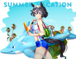 Rule 34 | 1girl, ahoge, alternate costume, alternate hairstyle, animal ears, bag, bare shoulders, black hair, blue eyes, blue shorts, blush, bracelet, breasts, character doll, chromatic aberration, claw hair clip, commentary, corn cob, cowboy shot, crop top, english text, unworn eyewear, food, from side, fruit, hair bun, holding, holding skewer, horse ears, horse girl, horse tail, inflatable toy, jewelry, katsuragi ace (umamusume), looking at viewer, looking to the side, lotion, mr. c.b. (umamusume), multicolored hair, navel, open mouth, palm tree, photo background, quatraise, shirt, short hair, short shorts, shorts, single thighhigh, skewer, skindentation, small breasts, smile, solo, sparkle, streaked hair, sunglasses, sunscreen, symbol-only commentary, tail, tank top, thighhighs, tree, tumblr username, twitter username, umamusume, walking, watermelon, white shirt, wristband