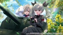 Rule 34 | 2girls, :o, anchovy (girls und panzer), anzio military uniform, arm up, armband, artist request, assault lily, belt, belt buckle, binoculars, black belt, black footwear, black ribbon, blue sky, boots, bow, bowtie, buckle, buttons, carro armato p40, cloud, crossover, day, drill hair, epaulettes, falling leaves, flower, girls und panzer, green hair, grey hair, grey jacket, grey pants, hair between eyes, hair ribbon, hands up, herensuge girls academy school uniform, highres, holding, holding binoculars, jacket, knee boots, knees together feet apart, leaf, lens flare, long hair, long sleeves, looking away, military, military uniform, military vehicle, motor vehicle, multicolored hair, multiple girls, official art, on vehicle, open mouth, outdoors, pants, red bow, red bowtie, red eyes, ribbon, sasaki ran, school uniform, shading eyes, sitting, sky, sleeves past fingers, sleeves past wrists, streaked hair, sunlight, sweatdrop, tank, tree, tree shade, twin drills, twintails, uniform, v-shaped eyebrows, watermark, webp-to-png conversion, white flower, white jacket, yellow eyes, yellow flower
