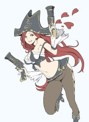Rule 34 | 1girl, artist request, bare shoulders, blue eyes, boots, breasts, detached sleeves, dual wielding, gun, handgun, hat, heart, high heel boots, high heels, holding, large breasts, league of legends, long hair, looking at viewer, midriff, miss fortune (league of legends), navel, open mouth, pinky out, pirate, pirate hat, pistol, red hair, simple background, smile, solo, very long hair, weapon, white background