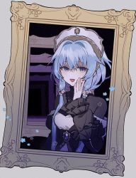 Rule 34 | 1girl, blue eyes, blue hair, boyano, different reflection, framed, hand up, hat, low twintails, magia record: mahou shoujo madoka magica gaiden, magical girl, mahou shoujo madoka magica, mirror, reflection, sena mikoto, smile, solo, twintails