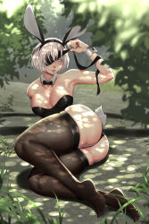 Rule 34 | 1girl, 2b (nier:automata), absurdres, animal ears, ass, black blindfold, black thighhighs, blindfold, blindfold lift, blush, breasts, collarbone, commentary, dappled sunlight, detached collar, english commentary, fake animal ears, fake tail, fingernails, full body, grey eyes, grey hair, highres, huge ass, large breasts, leotard, lifted by self, looking at viewer, nier:automata, nier (series), no shoes, one eye covered, overexciteddragon, paid reward available, playboy bunny, rabbit ears, see-through, see-through legwear, shiny skin, short hair, sitting, skindentation, sleeves past wrists, solo, strapless, strapless leotard, sunlight, tail, thick thighs, thighhighs, thighs, thong leotard, toes, wide hips, yokozuwari