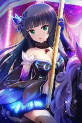 Rule 34 | 1girl, absurdres, alternative girls, black gloves, black legwear, blue hair, blue skirt, breasts, cleavage, curtains, gloves, green eyes, hair ornament, highres, holding, horse, jewelry, long hair, looking at viewer, necklace, official art, open mouth, sitting, skirt, smile, solo, tendou machi