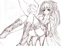 Rule 34 | 1girl, assisted exposure, blush, embarrassed, fairy, greyscale, long hair, mini person, minigirl, monochrome, panties, sketch, solo focus, thighhighs, underwear, uni8, upskirt, wings