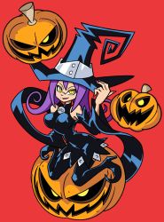 Rule 34 | 00s, 1girl, black hat, blair (soul eater), boots, breasts, hat, high heel boots, high heels, highres, jack-o&#039;-lantern, long hair, narrow waist, pumpkin, purple hair, red background, shenanimation, simple background, sitting, solo, soul eater, thighhighs, witch hat, yellow eyes