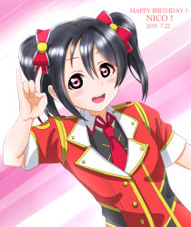 Rule 34 | 1girl, 2019, artist name, artist request, black hair, blush, bokura no live kimi to no life, bow, dress, female focus, highres, looking at viewer, love live!, love live! school idol festival, love live! school idol project, red bow, red dress, red eyes, red neckwear, seiza, short hair, sitting, skirt, smile, solo, tagme, twintails, v, white skirt, yazawa nico