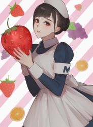 Rule 34 | 1girl, absurdres, apron, bamme o3o, blue dress, brown eyes, brown hair, commentary request, copyright request, diagonal stripes, dress, food, food print, fruit, grey apron, hands up, highres, holding, holding food, holding fruit, juliet sleeves, lemon print, long sleeves, looking at viewer, maid, maid apron, maid headdress, parted lips, pink background, puffy sleeves, short hair, solo, strawberry, strawberry print, striped, striped background, white background