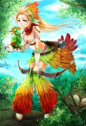 Rule 34 | 10s, 1girl, animal on arm, bent over, bird, bird on arm, blonde hair, blue eyes, blue sky, bow (weapon), breasts, bush, chain chronicle, cleavage, day, earrings, egg, feathers, front-tie top, gloves, headdress, highres, jewelry, lake, long hair, medium breasts, midriff, mountain, nest, original, quiver, skirt, sky, smile, solo, sumimoto ryuu, tree, weapon, white gloves