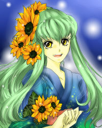 Rule 34 | 00s, c.c., code geass, flower, green hair, happy, japanese clothes, kimono, long hair, smile, solo, sunflower, yellow eyes