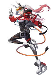 Rule 34 | 1girl, :d, absurdres, aqua eyes, cable, cyborg, eyewear on head, full body, fur trim, gradient hair, highres, hood, hood down, hooded jacket, ice skates, jacket, joints, long hair, looking at viewer, mecha musume, mechanical ears, mechanical parts, multicolored hair, nori tamahana, open mouth, original, power cord, red hair, robot joints, skates, smile, solo, sunglasses, sunglasses on head, teeth, twintails, two-tone hair, upper teeth only, waving, white background, white hair